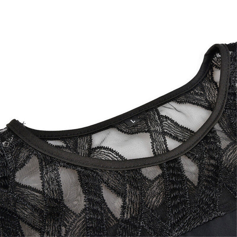 Versatile women's plus-size midi dress with elegant lace sleeves, suitable for both casual and formal occasions.