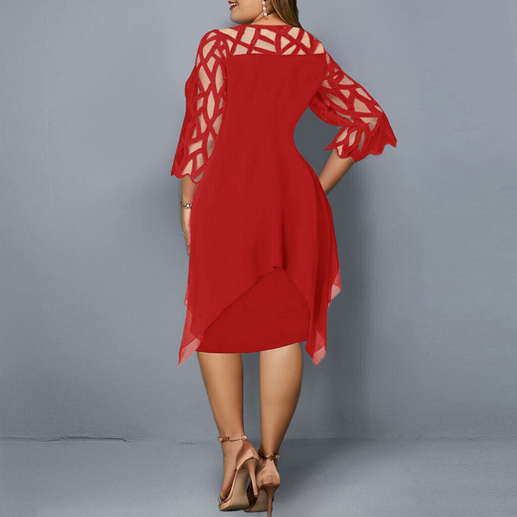 Luxurious women's plus-size midi dress with delicate lace sleeves, a perfect elegant party or evening outfit.