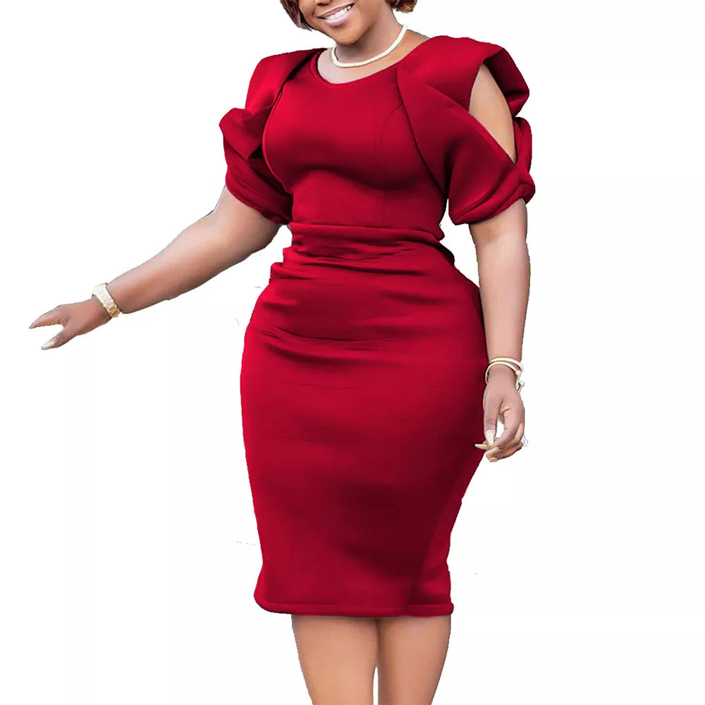 Stylish plus size puff sleeve dress for women. Versatile knee-length design, ideal for fall and all-year wear.