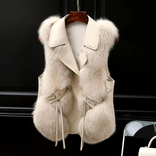 Elegant women's plush gilet, perfect for sophisticated winter layering and warmth. Luxury sleeveless vest.