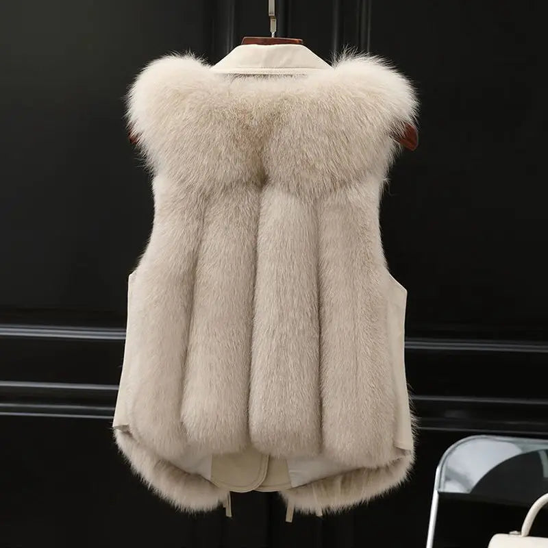 Chic women's plush gilet, a versatile layering piece for cold weather. Sleeveless winter vest.