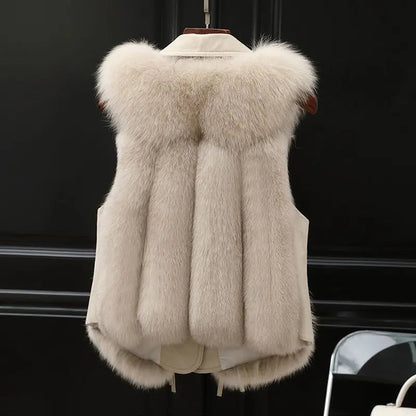 Chic women's plush gilet, a versatile layering piece for cold weather. Sleeveless winter vest.