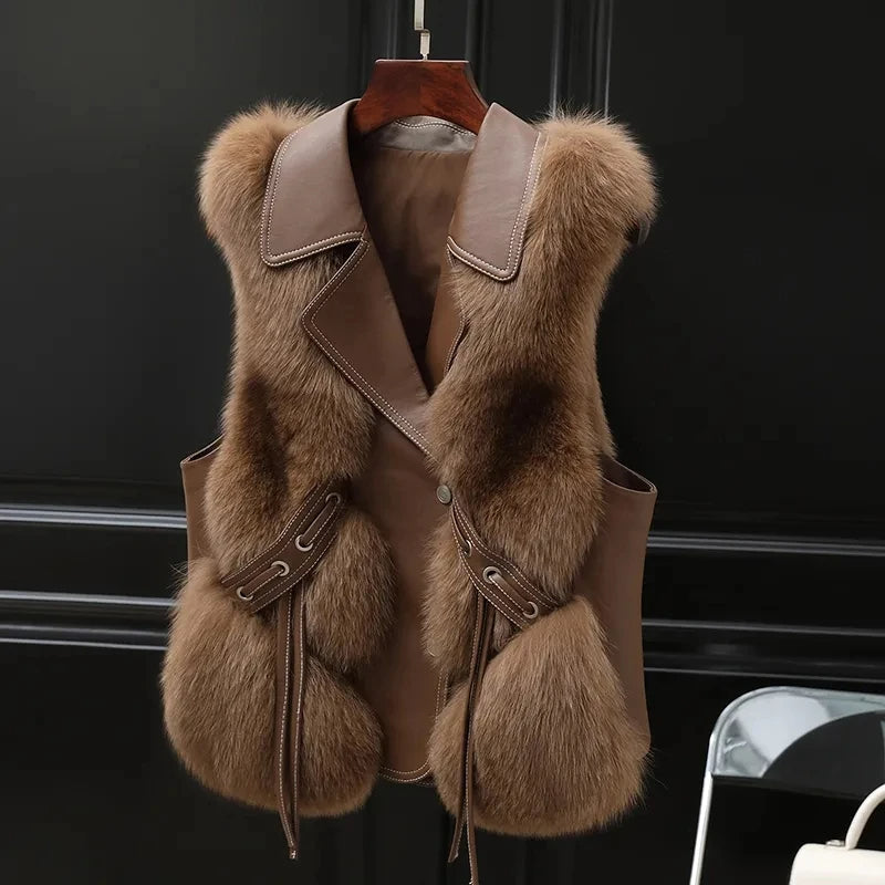 Luxury style women's plush gilet, ideal for an elegant winter outfit. Cozy and fashionable vest.