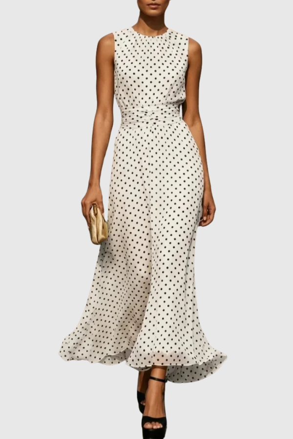 Elegant women's polka dot halter keyhole maxi dress with a flowing A-line skirt, perfect for summer occasions.