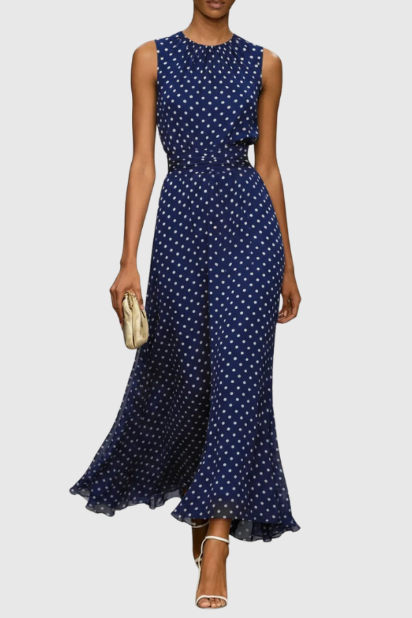 Side view of an A-line polka dot halter keyhole maxi dress, featuring a flattering silhouette for women.