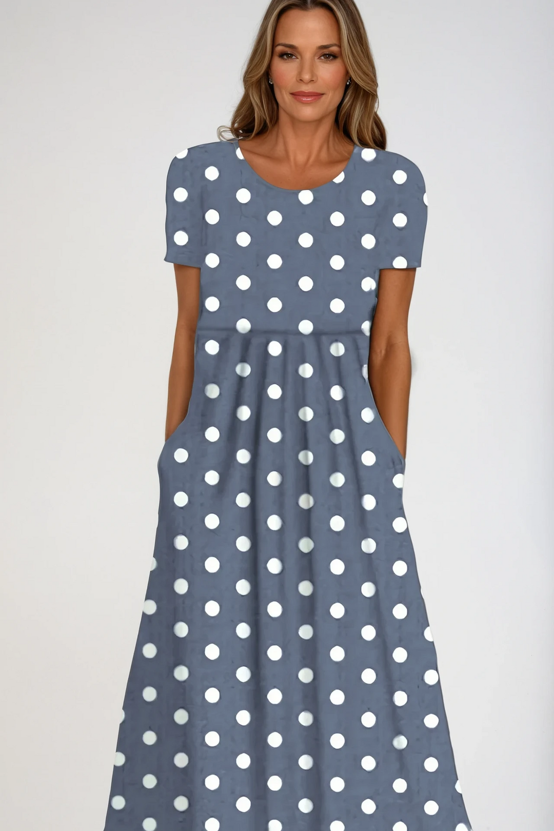 Graceful navy blue women's printed maxi dress, long & elegant. Ideal for parties, special occasions, or evening events.