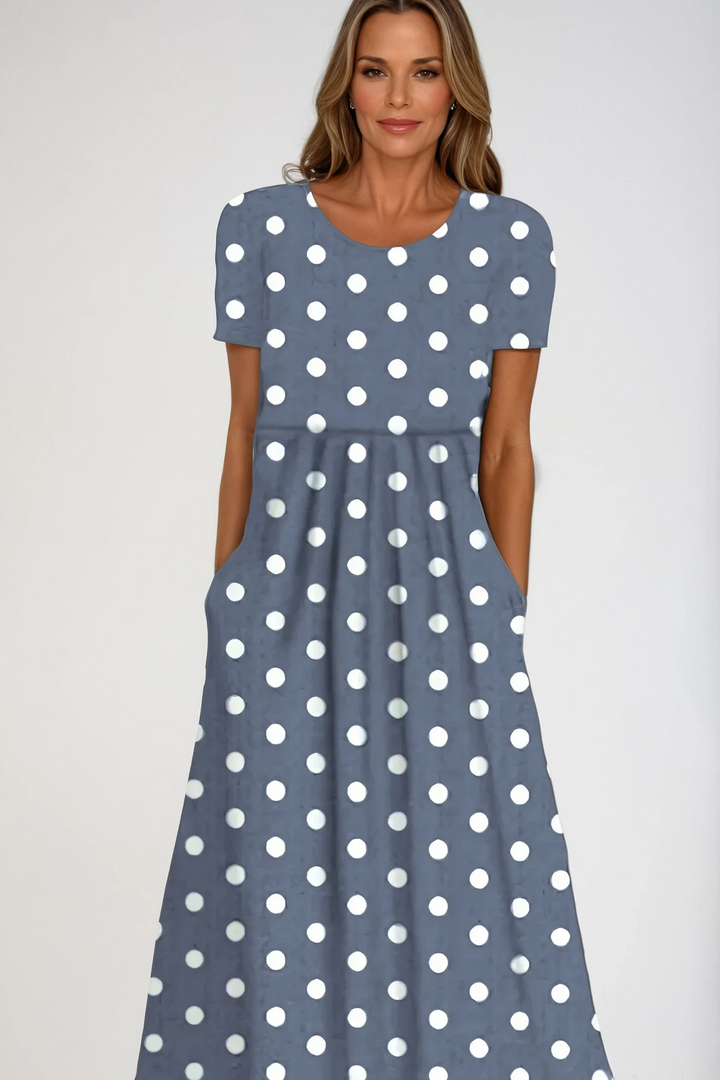 Graceful navy blue women's printed maxi dress, long & elegant. Ideal for parties, special occasions, or evening events.