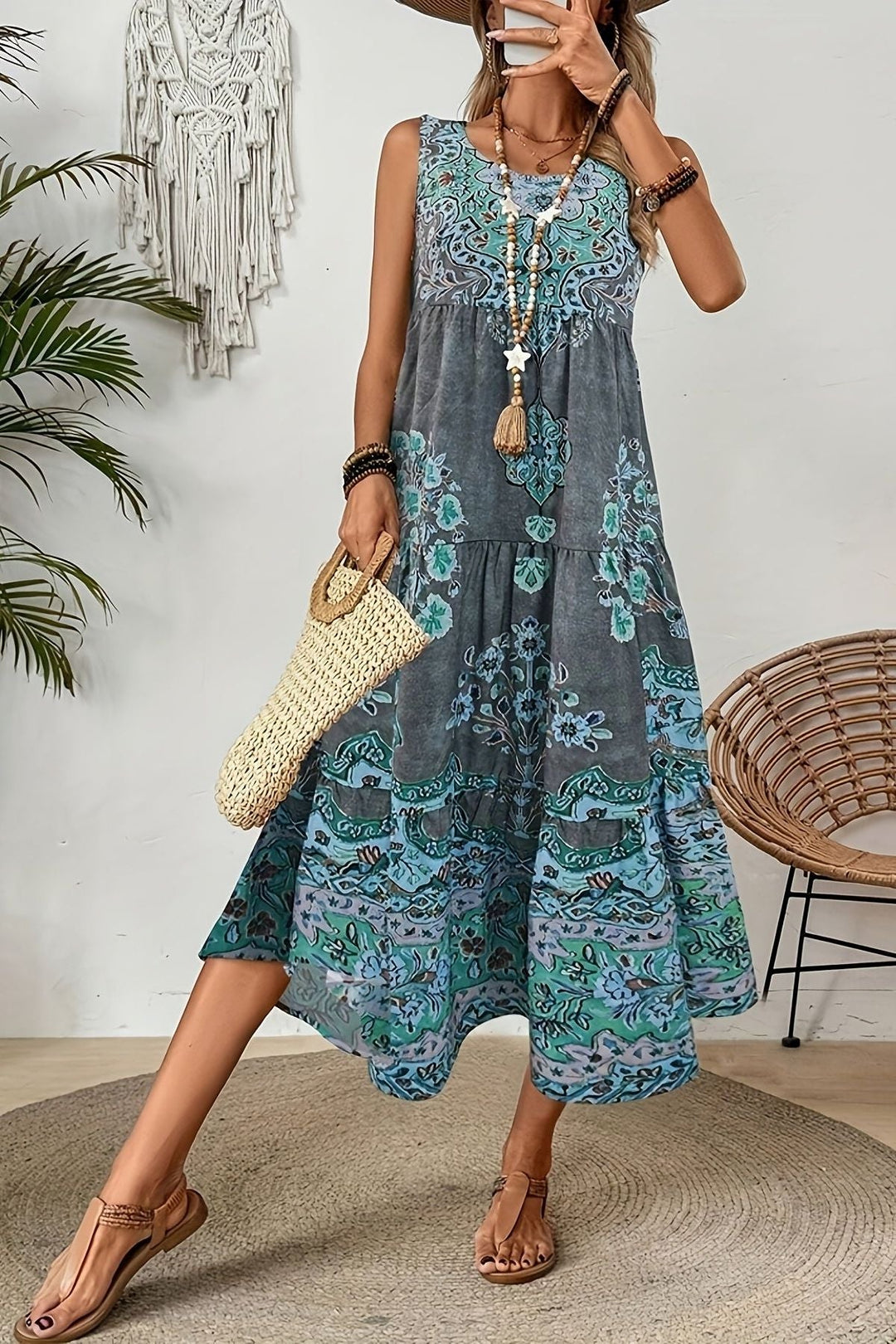 Flowy women's printed maxi dress with a unique pattern, offering an elegant and flattering look.