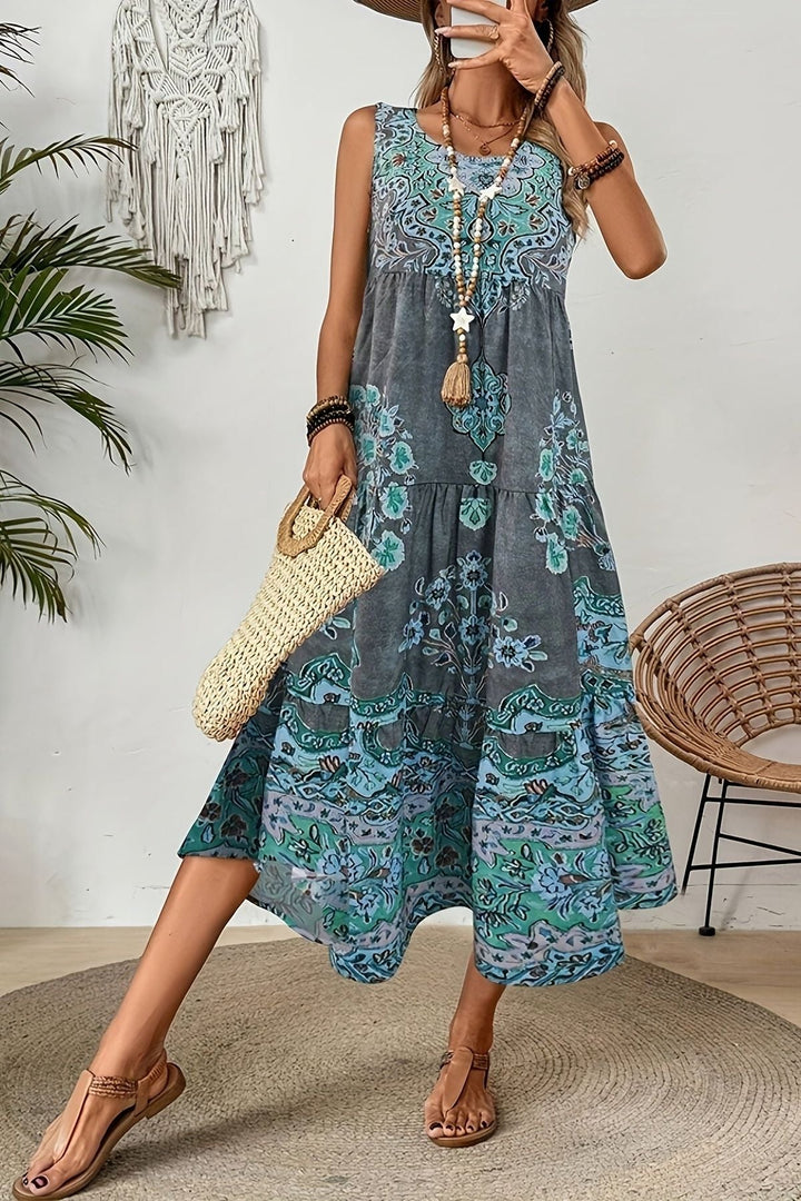 Flowy women's printed maxi dress with a unique pattern, offering an elegant and flattering look.