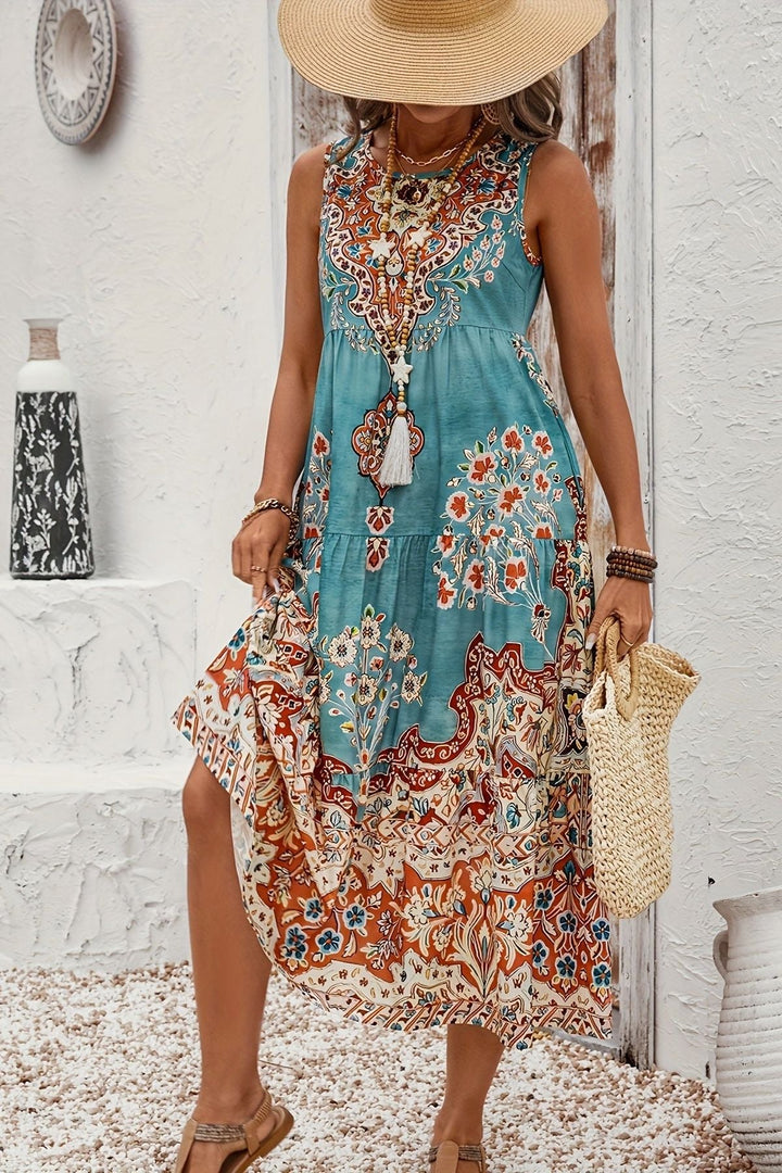 Elegant women's printed maxi dress, a comfortable and flattering long dress for special occasions.