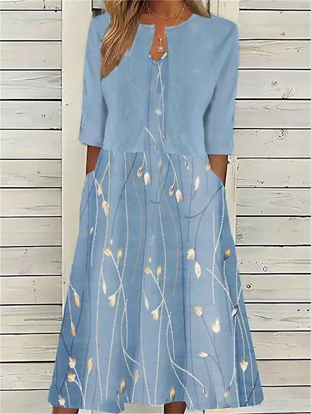 Elegant women's printed midi dress & matching 3/4 sleeve cover-up set. Perfect versatile two-piece for occasion wear.