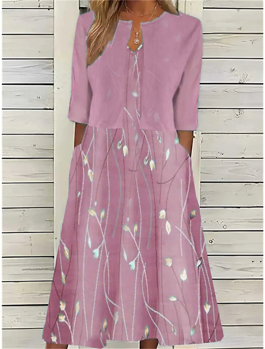 Stylish women's fit & flare printed midi dress with 3/4 sleeve cover-up. Chic two-piece spring/summer outfit.