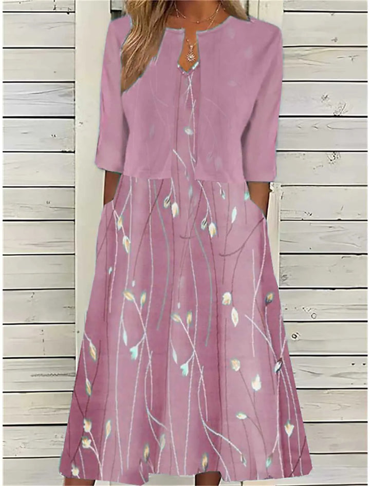 Stylish women's fit & flare printed midi dress with 3/4 sleeve cover-up. Chic two-piece spring/summer outfit.