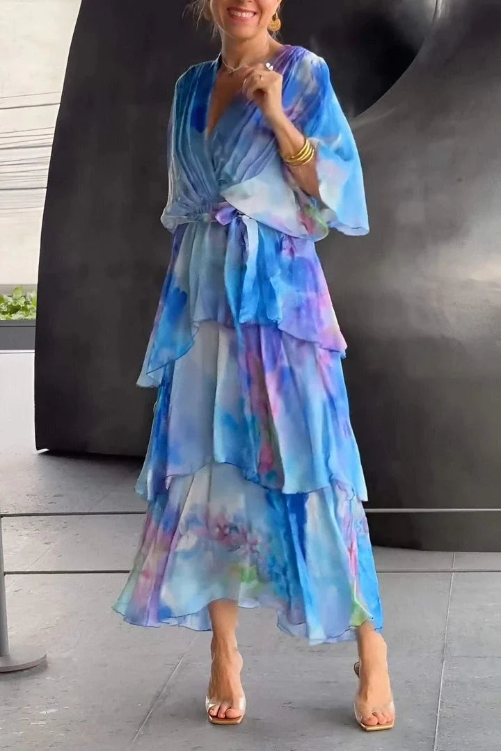 Elegant women's printed tiered wrap dress, perfect for gala evenings, parties, and special occasions.