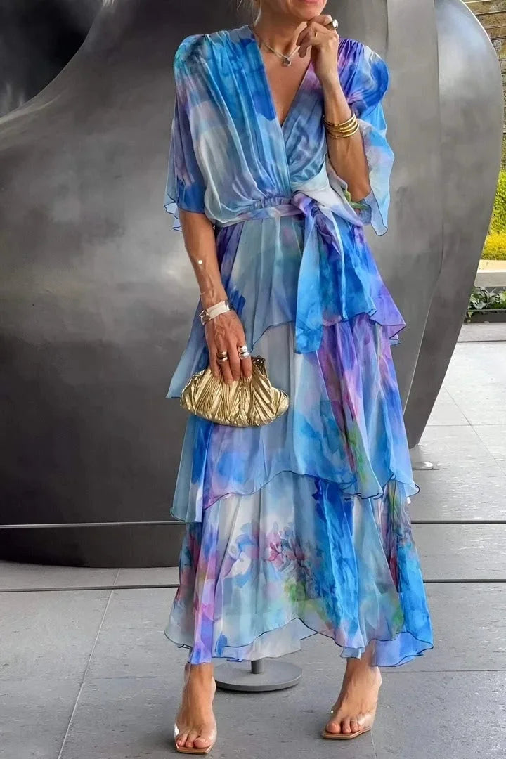 Formal women's printed tiered wrap dress for evening events, galas, and elegant party wear.