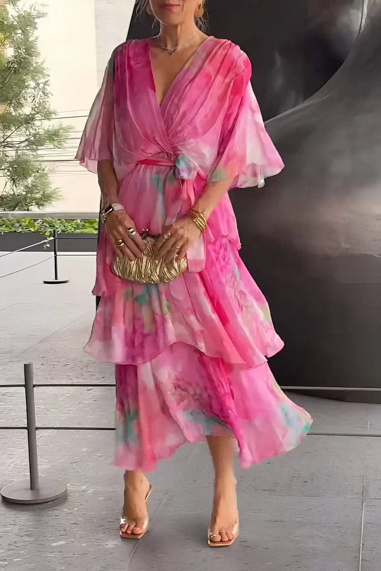 Women's occasion dress: stunning printed tiered wrap style, great for evening parties & galas.