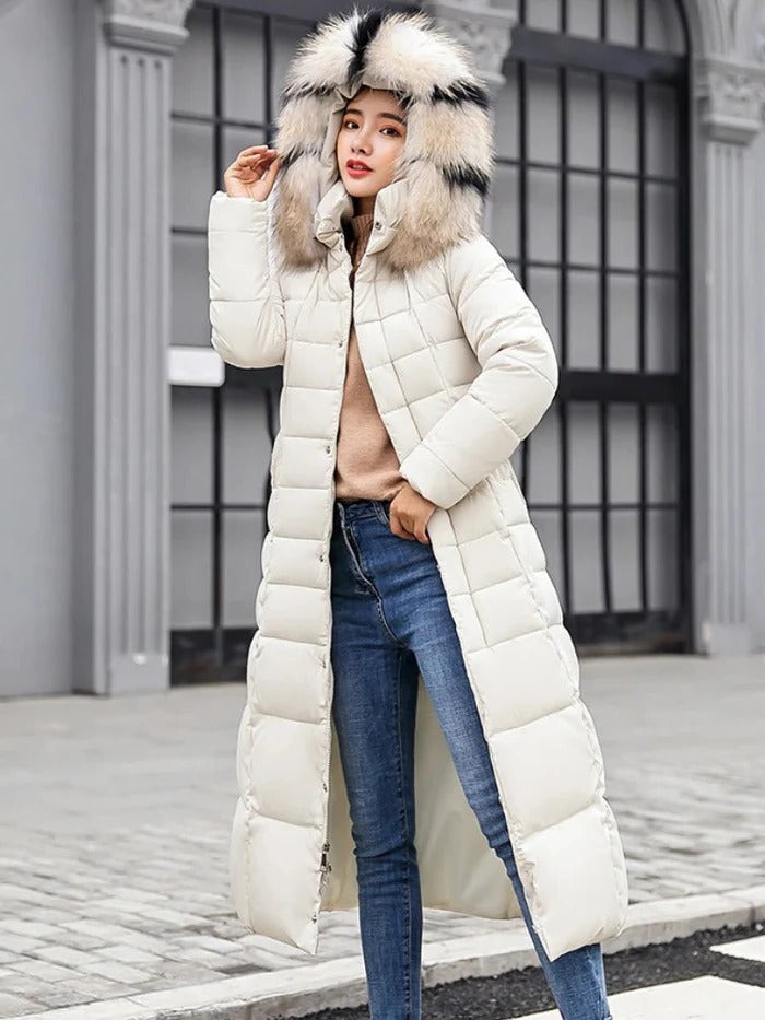 Stylish woman wearing an elegant puffer jacket, ideal for warm, cozy winter fashion and cold weather outerwear.