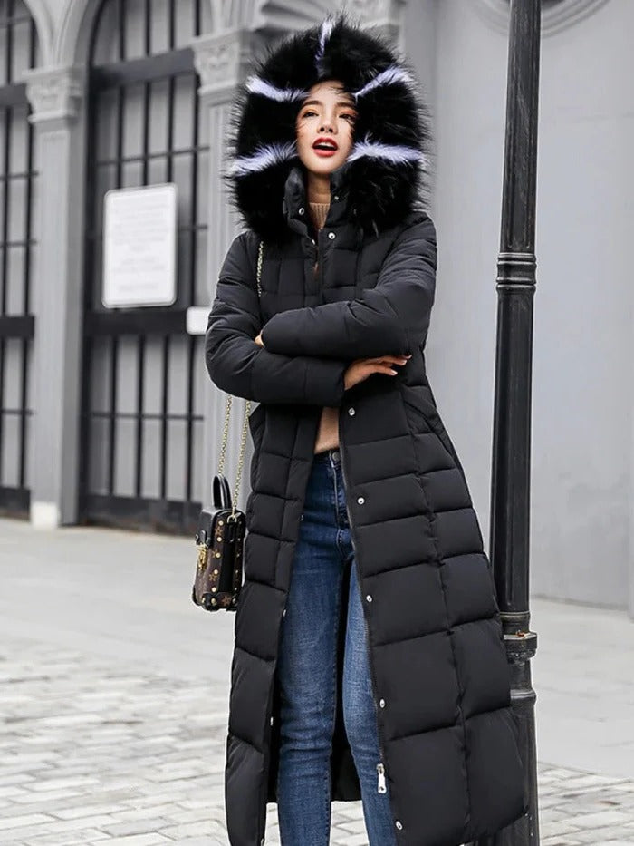 Warm & elegant women's puffer coat, perfect stylish outerwear for cold weather, city walks, or winter fashion.