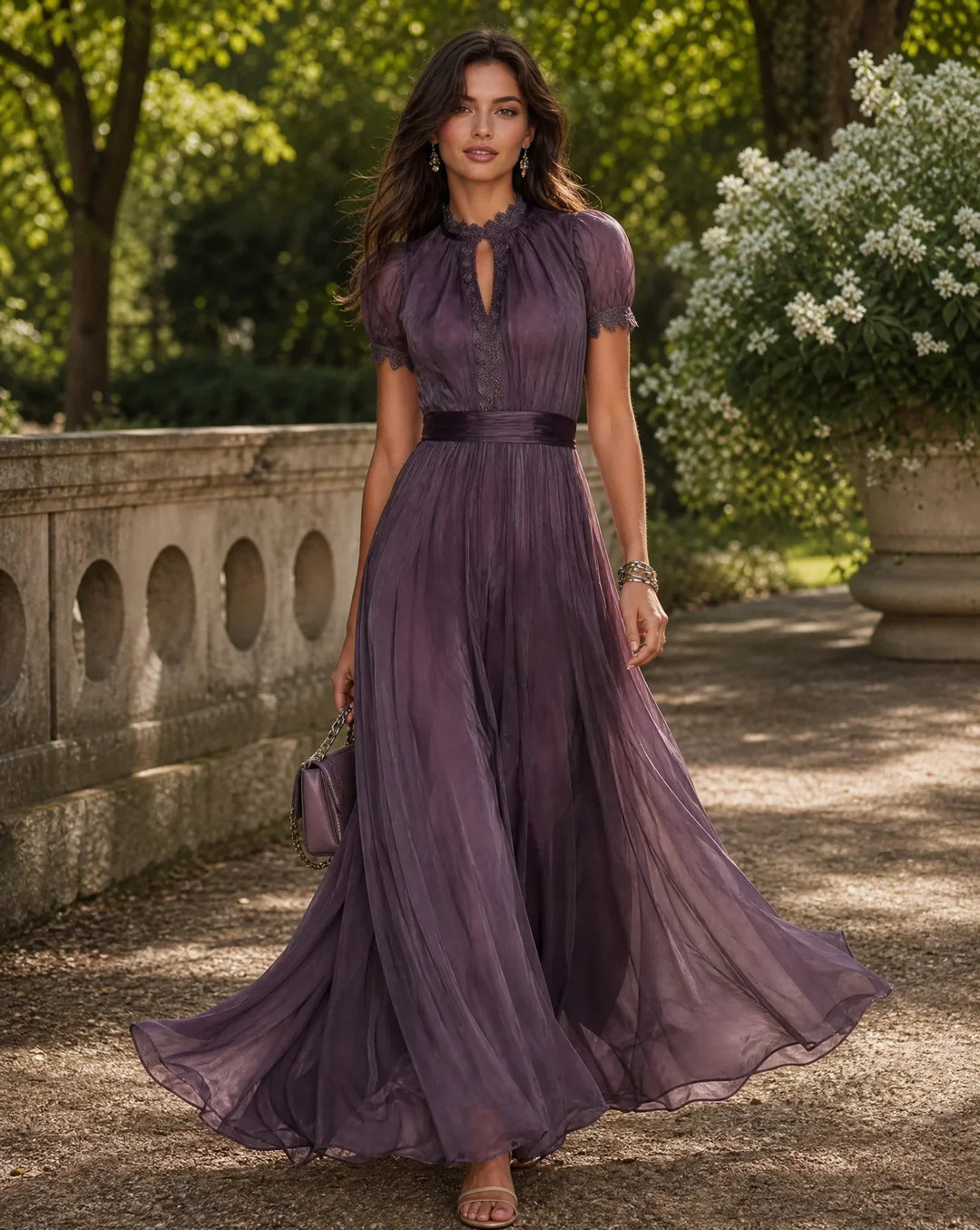 Elegant women's purple floral pleated long sleeve maxi evening dress, perfect for formal events & special occasions.