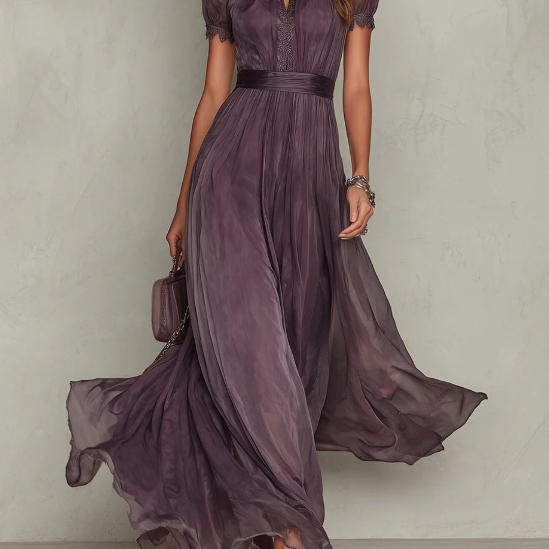 Luxurious purple maxi evening gown for women, with an elegant high neck and intricate delicate lace trim.