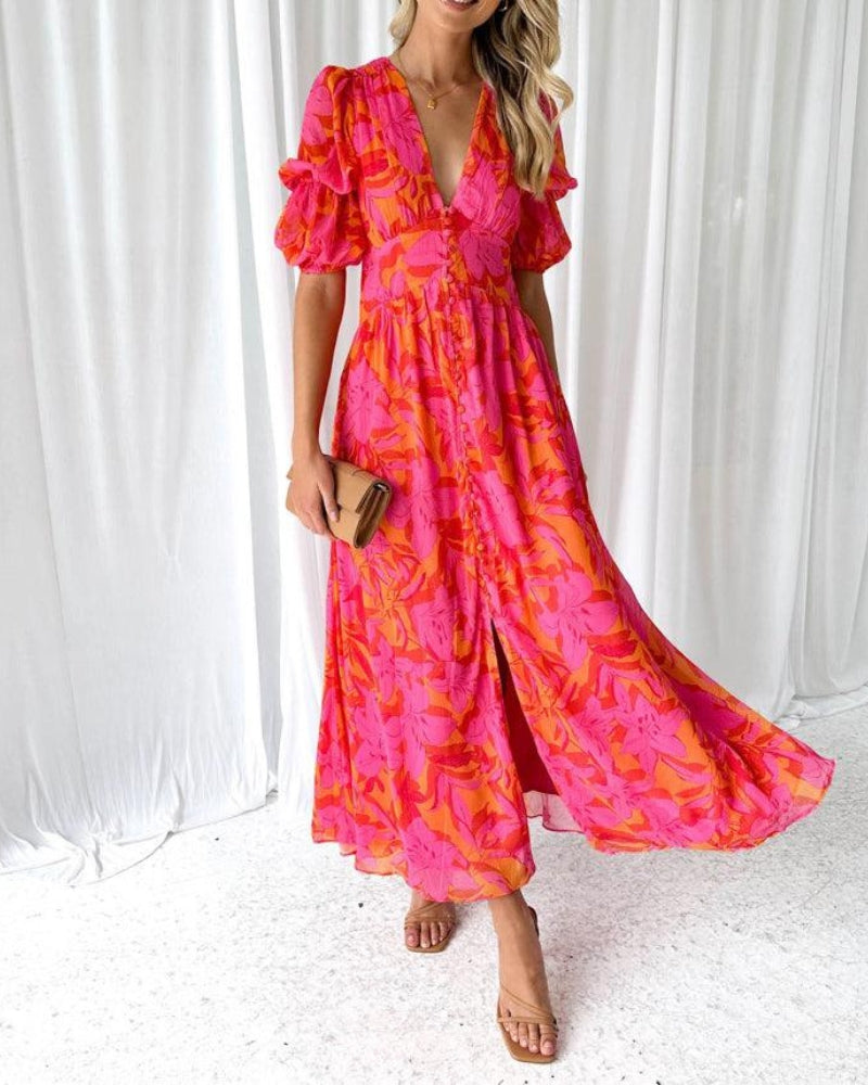 Elegant women's radiant flowy maxi dress with V-neck & puff sleeves, perfect comfortable style for summer parties.