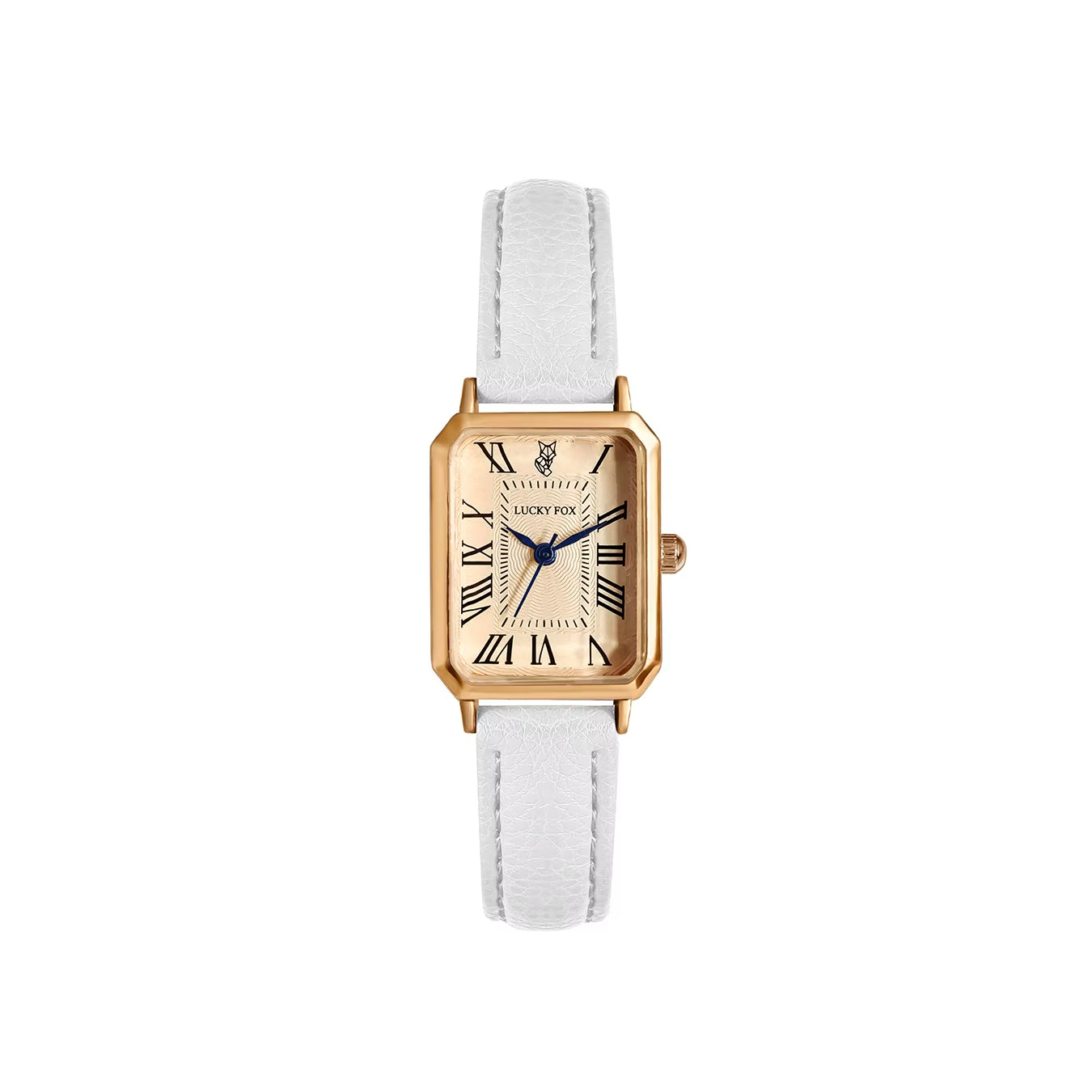 Sleek women's rectangle quartz watch with gold-tone finish and minimalist Roman numeral dial.