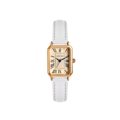 Sleek women's rectangle quartz watch with gold-tone finish and minimalist Roman numeral dial.