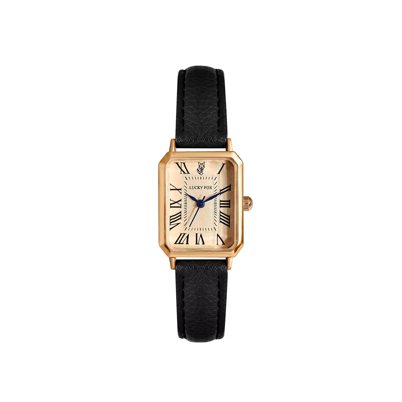 Close-up of women's elegant gold-tone rectangle quartz watch dial with Roman numeral markers.