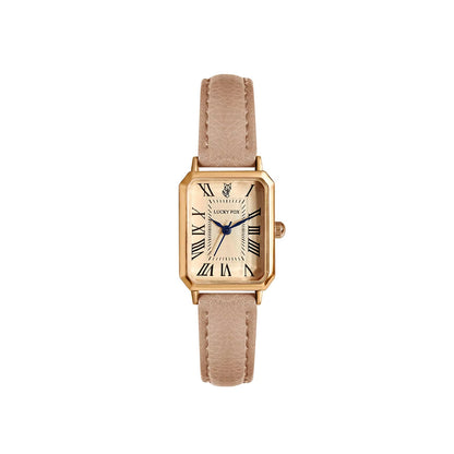 Women's rectangle quartz watch with comfortable black leather strap, ideal for daily wear.