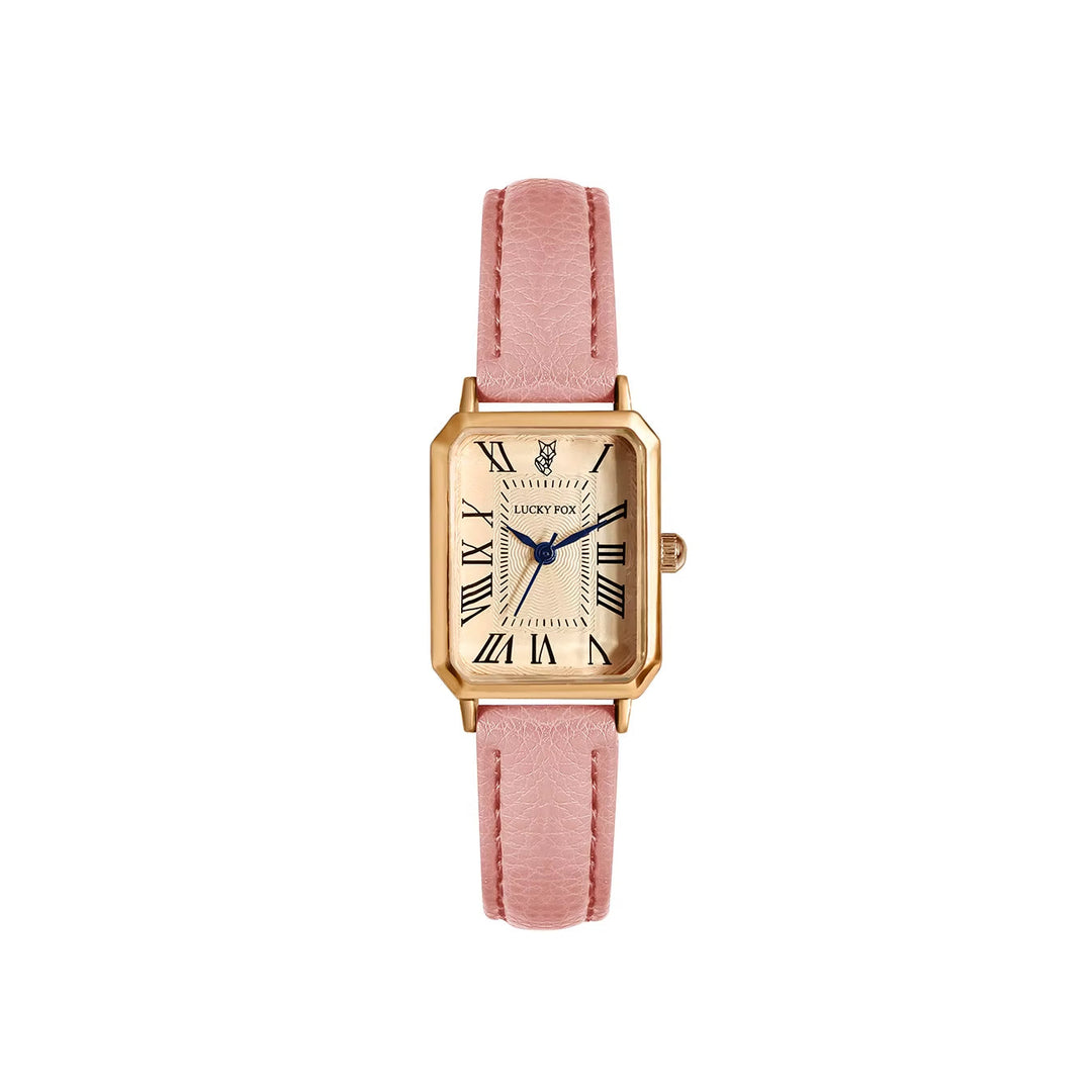 Sophisticated women's gold-tone rectangle quartz watch, classic design with elegant leather strap.