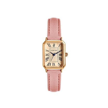 Sophisticated women's gold-tone rectangle quartz watch, classic design with elegant leather strap.