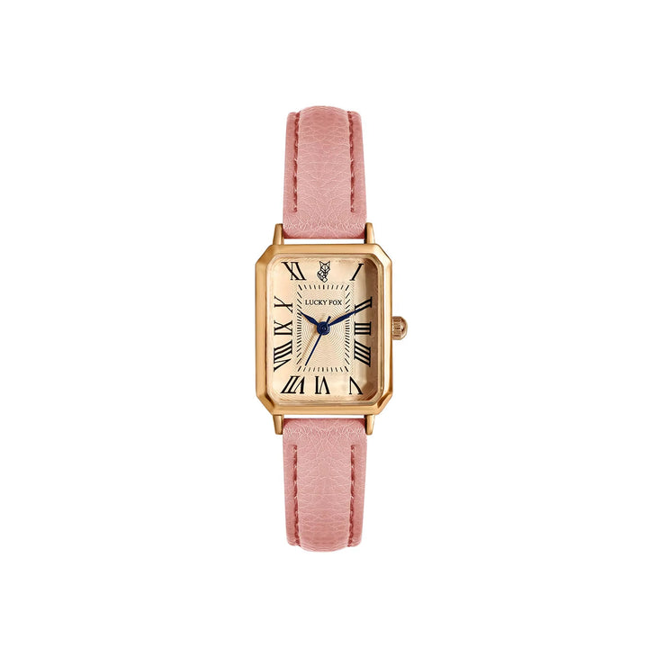 Sophisticated women's gold-tone rectangle quartz watch, classic design with elegant leather strap.