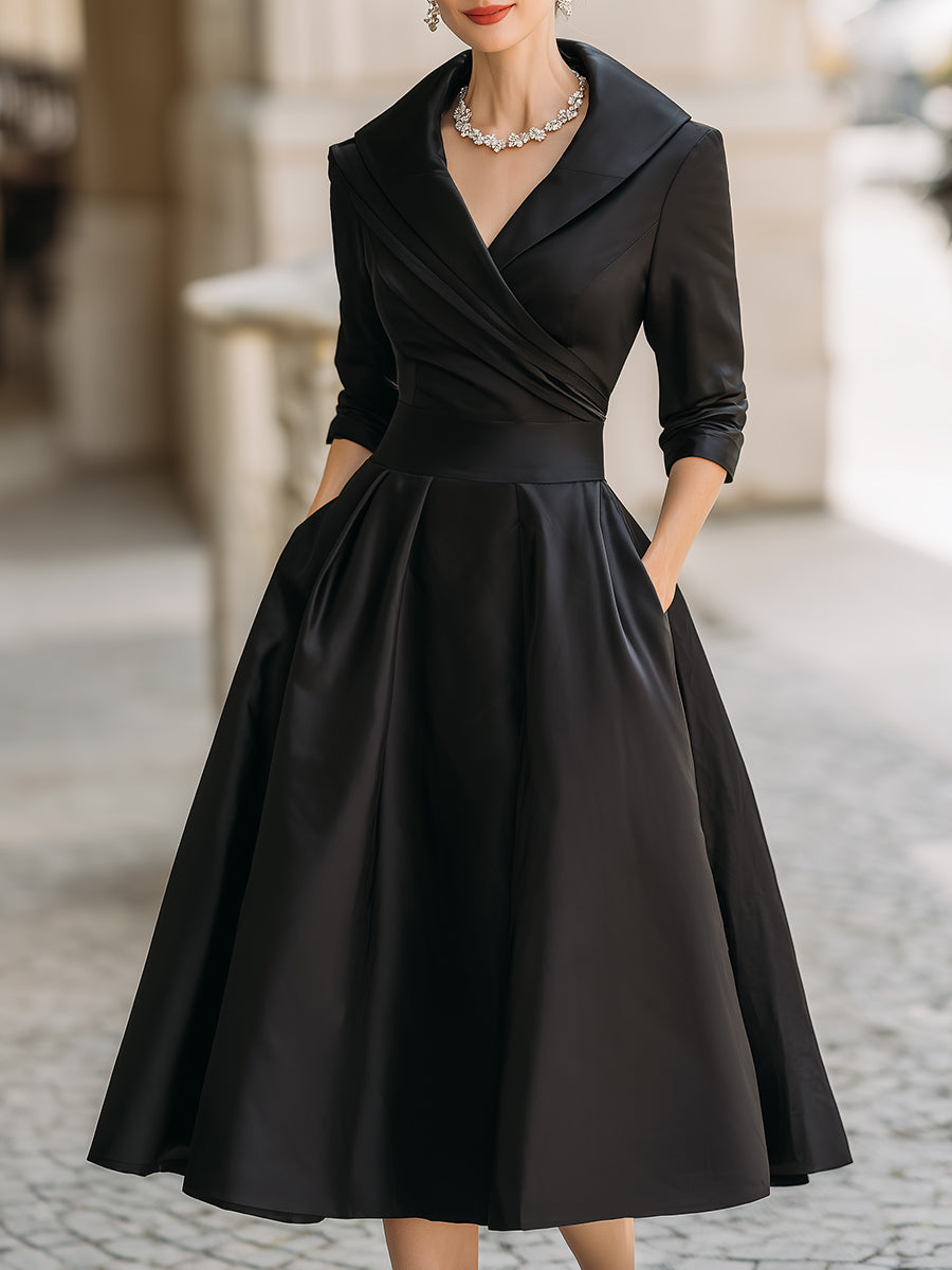 Elegant Women's Retro Draped Collar Midi Dress with A-Line Silhouette, perfect for special occasions.