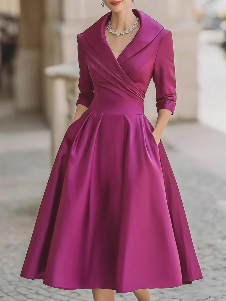 Flattering A-Line Women's Midi Dress with a stylish draped collar, ideal for formal parties & events.