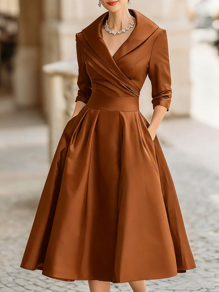 Gorgeous women's cocktail dress. Vintage A-line midi with an elegant draped collar for evening wear.