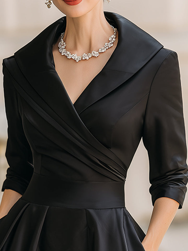 Vintage A-Line Midi Dress for women, featuring a chic draped collar and long sleeves.