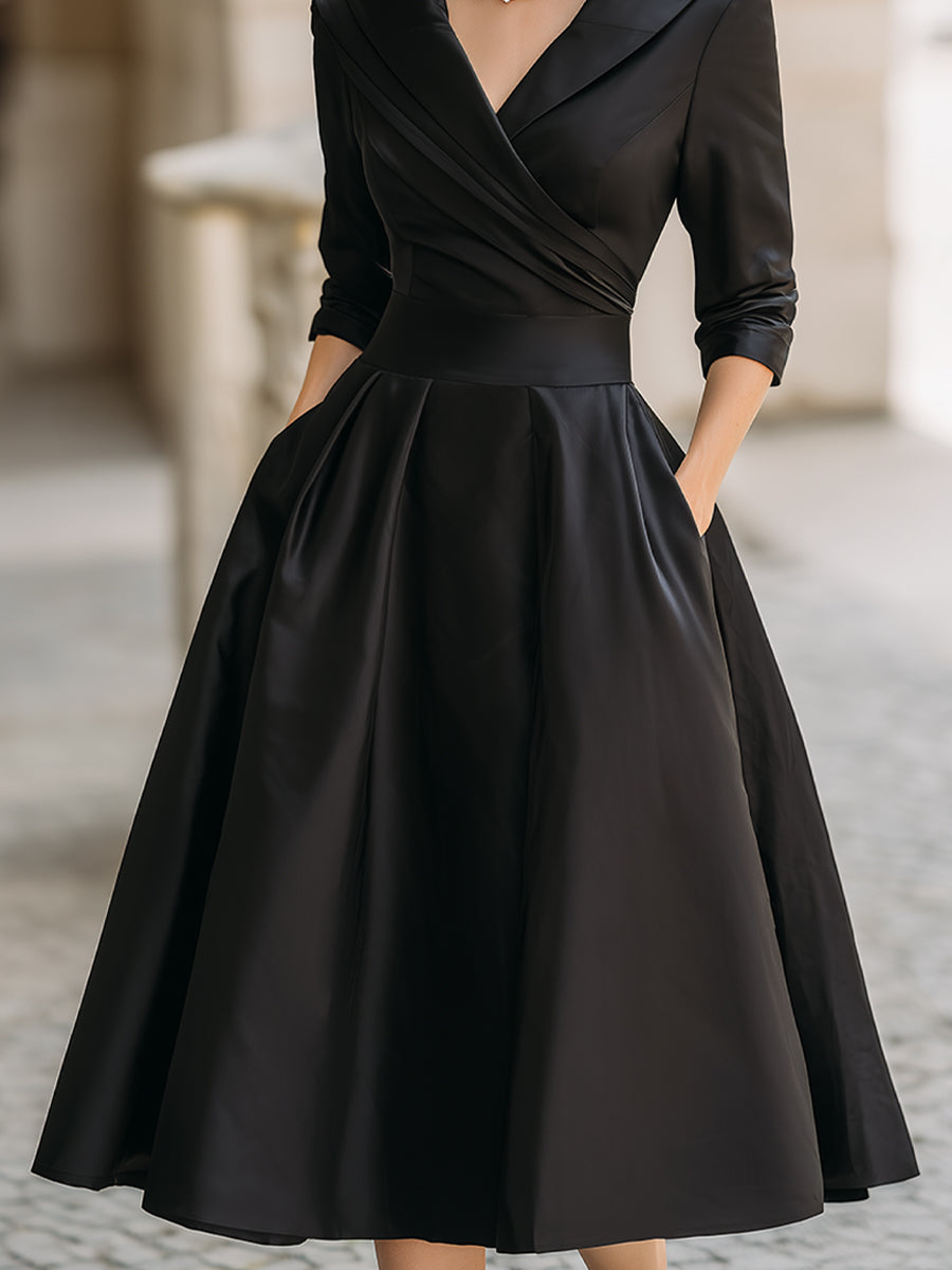 Formal event wear: Women's elegant midi dress with a stylish draped collar and A-line cut.