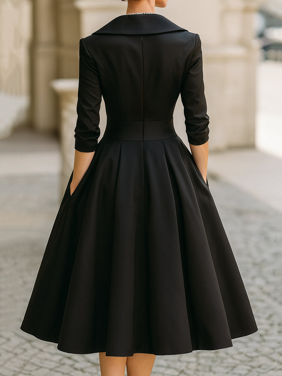 Chic women's party dress; retro A-line silhouette, draped collar, and long sleeves for evenings.