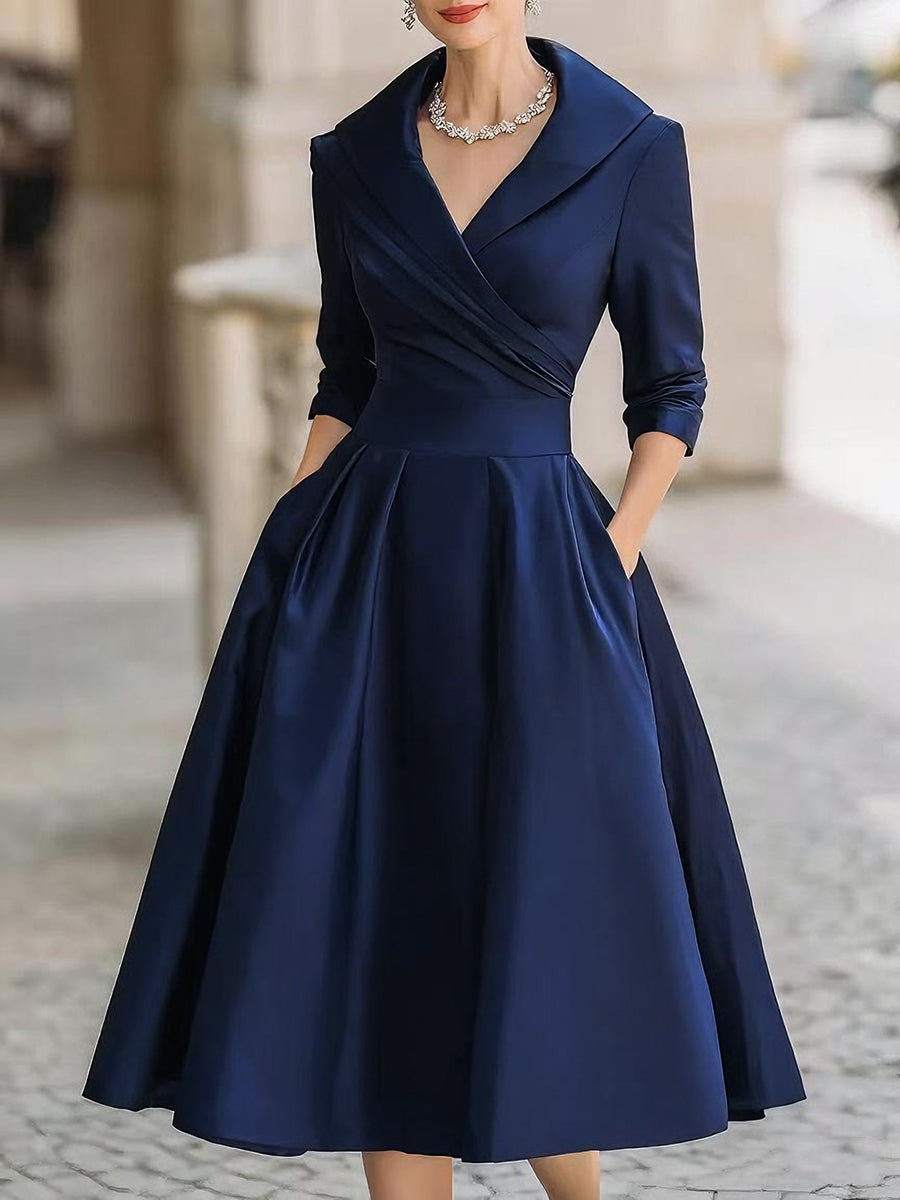 Sophisticated Women's Draped Collar Midi Dress, an elegant A-line formal gown for special events.
