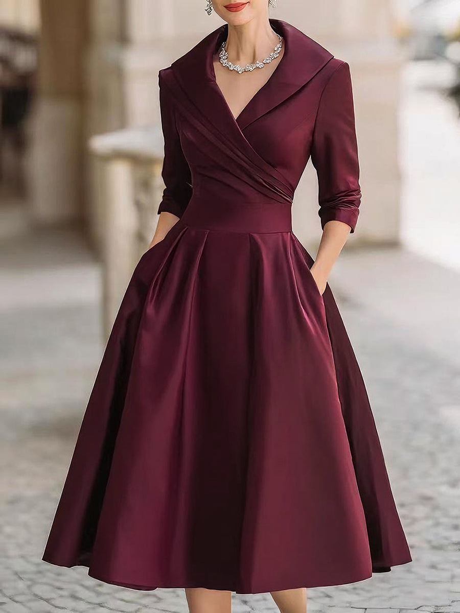 Classic women's formal midi dress. Retro design, elegant draped collar, A-line cut for events.