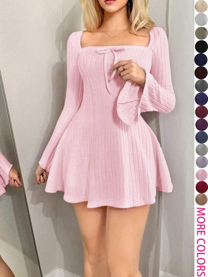 Women's elegant ribbed bodycon midi dress with a square neckline & long sleeves, offering a flattering fit.