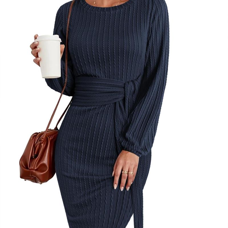 Elegant women's ribbed midi dress with waist tie. Flattering long sleeve design, perfect for autumn & winter daily wear.