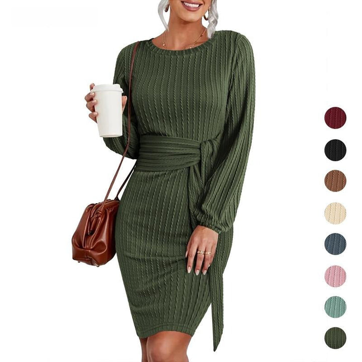 Versatile women's ribbed midi dress with waist tie. Classic long sleeve style for elegant daily wear or office fashion.