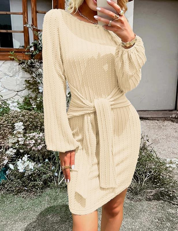 Comfortable & stylish women's long sleeve ribbed midi dress with an elegant waist tie. Perfect for autumn/winter fashion.