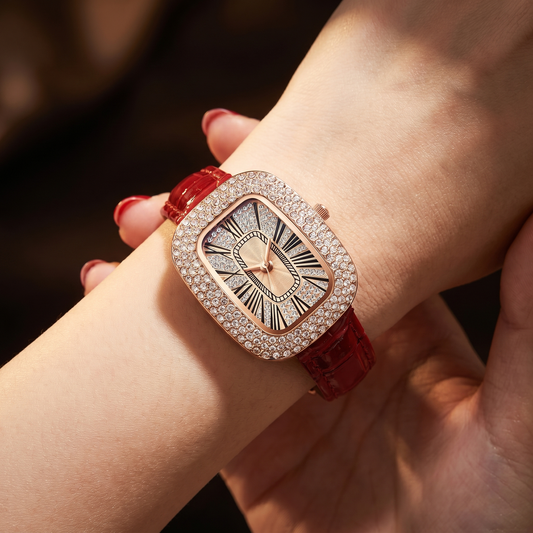 Elegant women's rose gold plated watch with crystal accents & leather strap.