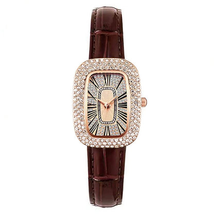 Refined women's rose gold rectangular watch, sparkling crystals, comfortable leather strap.