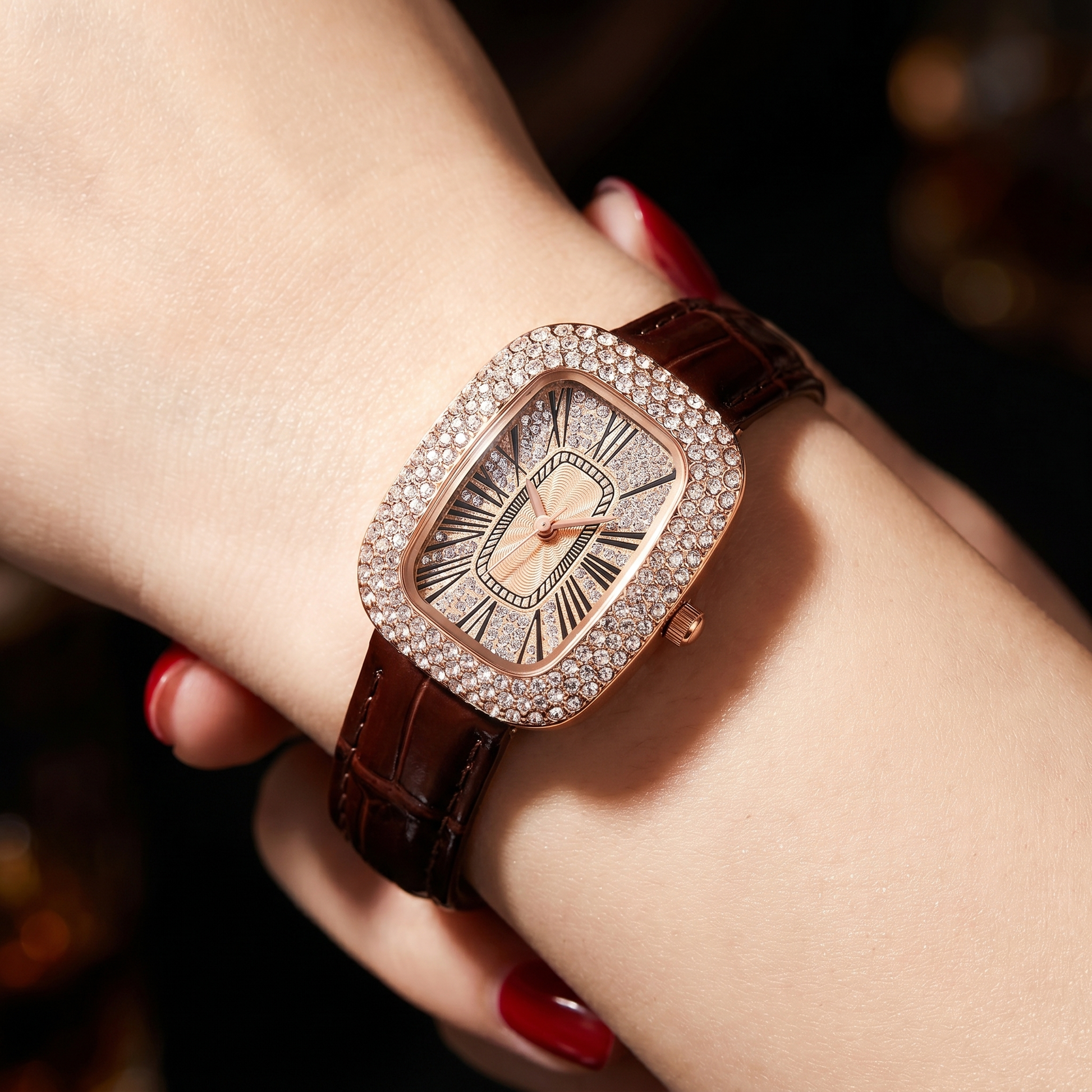Close-up: Rectangular rose gold women's watch, crystal hour markers, elegant design.