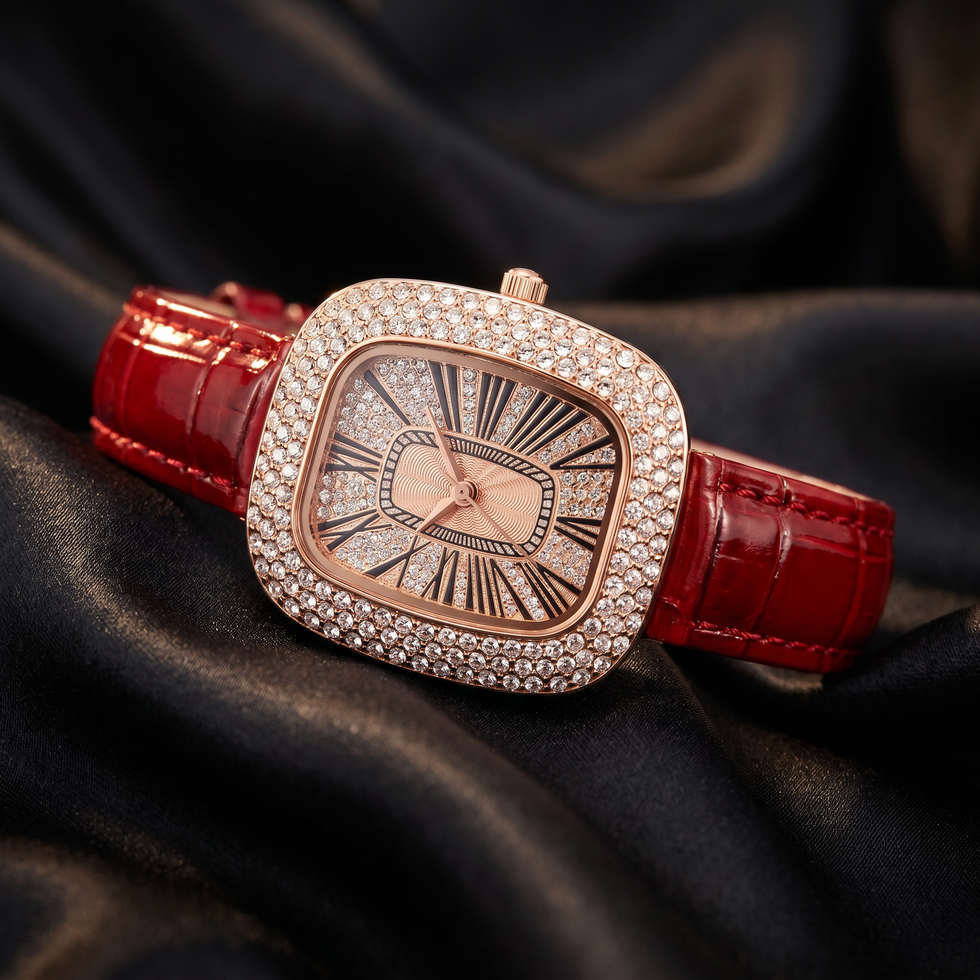 Stylish women's rose gold watch with crystal details on a wrist, perfect fashion accessory.