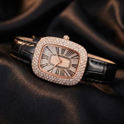 Timeless rose gold crystal watch for women, elegant gift for her, luxury leather strap.