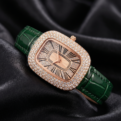 Sophisticated women's rose gold watch, crystal-encrusted, genuine leather strap.
